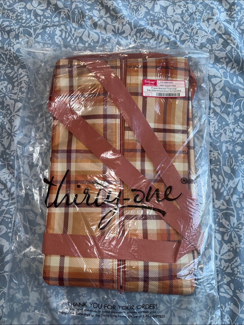 thirty-one Autumn Plaid Fresh Market Thermal Tote in Rust, Cream and Brown